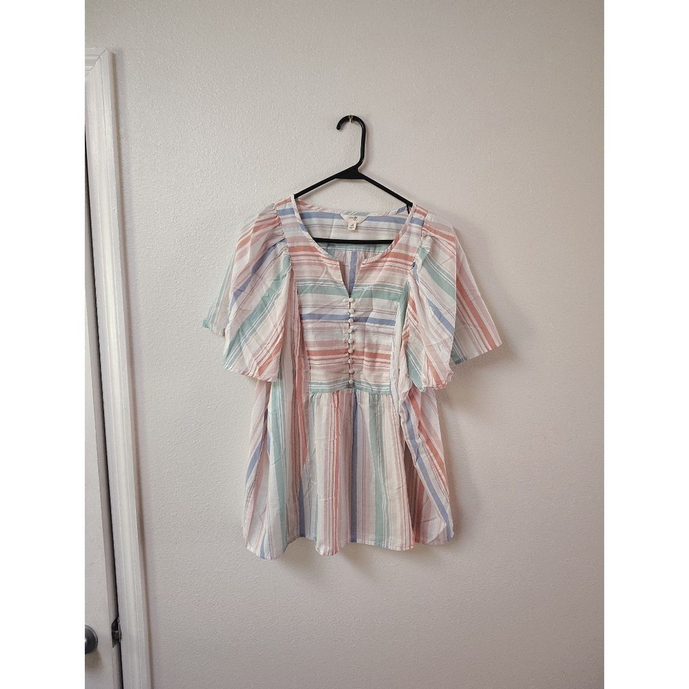 Terra & Sky Womens 0X 14W Striped Flutter Sleeve V-Neck Blouse Multi-Color Top